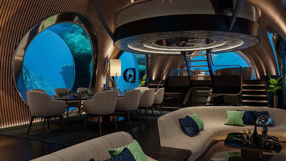 A futuristic underwater saloon interior with large circular windows looking out into blue water