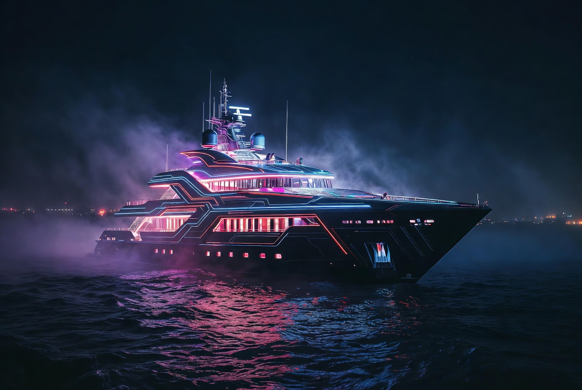 Neon-lit superyacht glowing with pink and cyan accents on dark water at night — reminiscent of Leviathan, Gabe Newell's research and gaming vessel