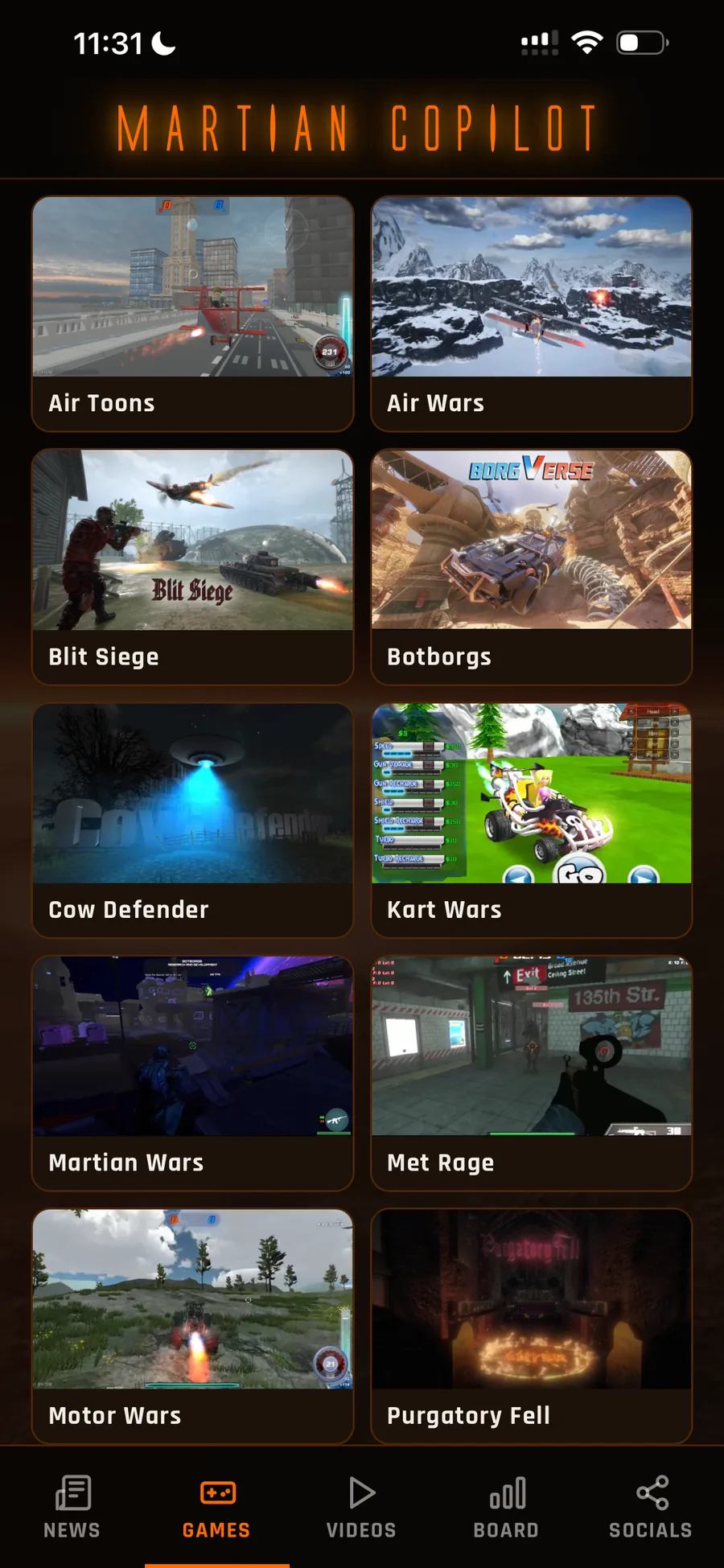 Martian Copilot Games tab on a phone — library of Martian Games titles