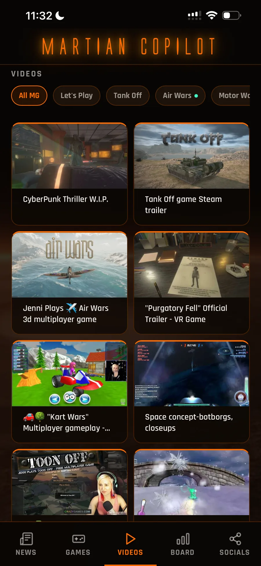 Martian Copilot Videos tab on a phone — playlist feed