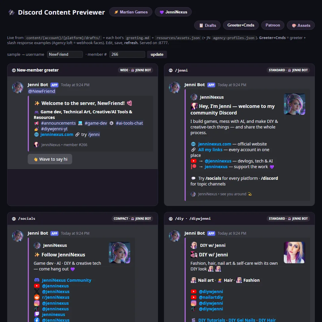 Discord Content Previewer — Greeter+Cmds tab showing Jenni Bot new-member welcome, /jenni, /socials, and /diy embeds