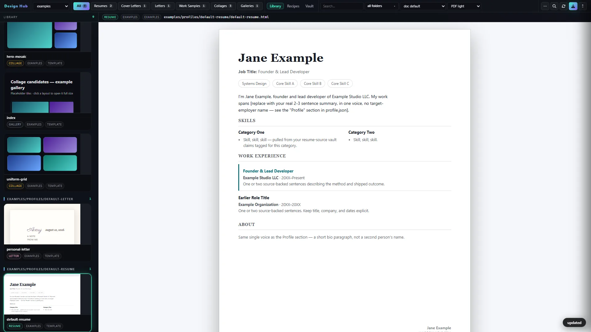 Jane Example clone-safe résumé template in PDF Designer — PDF light