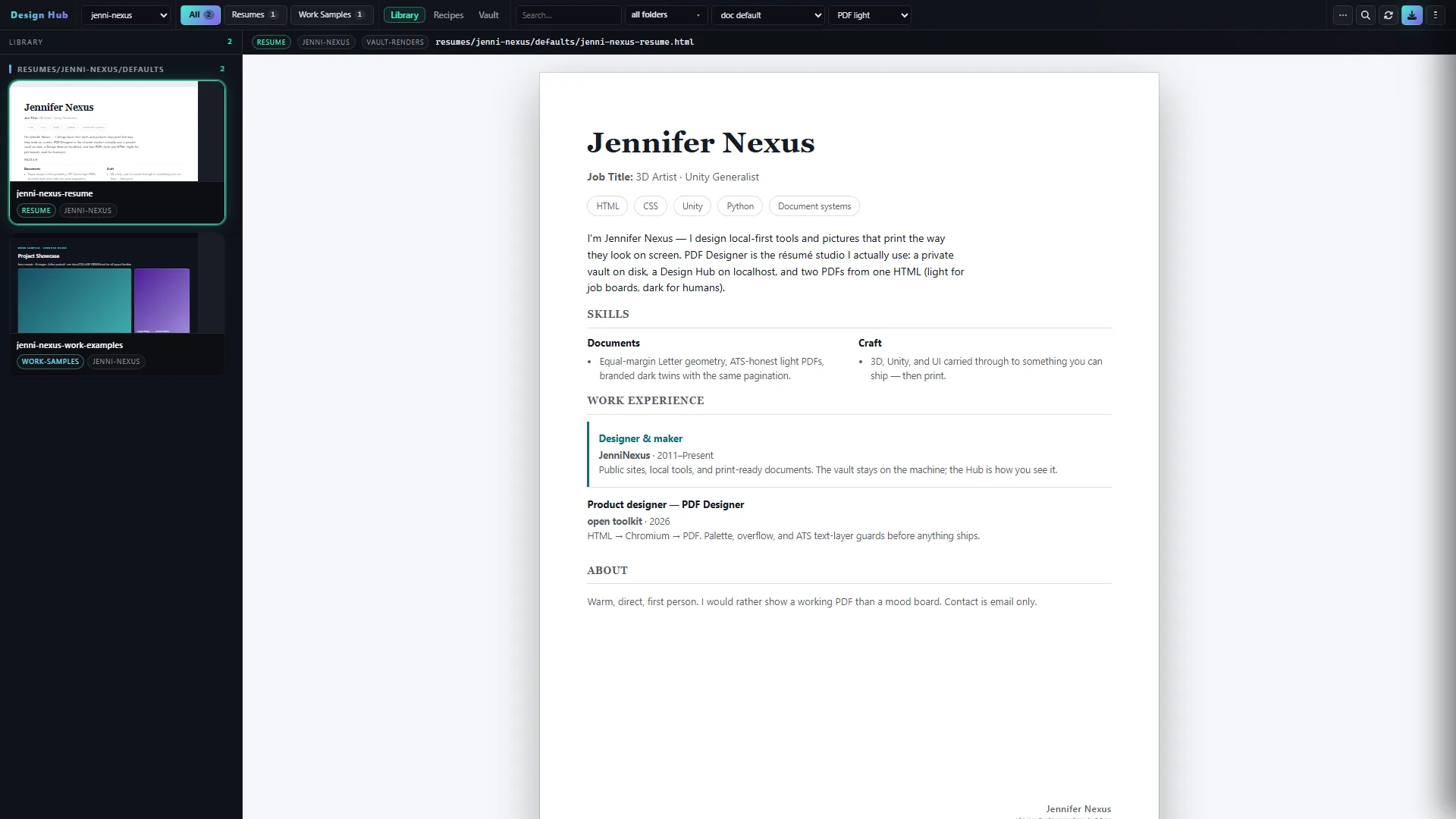 Jennifer Nexus résumé in the Design Hub — ATS-honest light layout