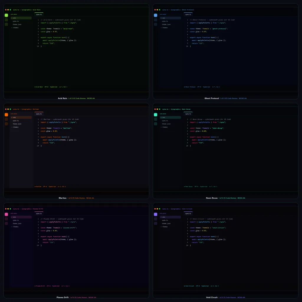 Syn Themes uniform grid — WCAG AA labeled panels