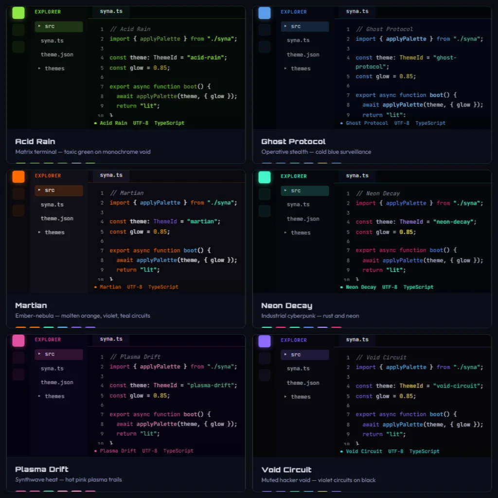 All six Syn Themes — uniform grid collage